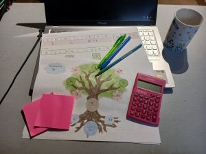 un ordinateur, des feuilles sont posées dessus, avec des stylos et une calculatrice